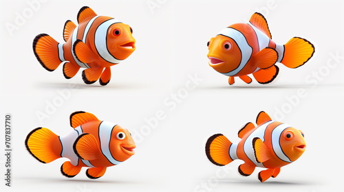 Set of funny cartoon clown fish 4 action on white background. AI Generative.