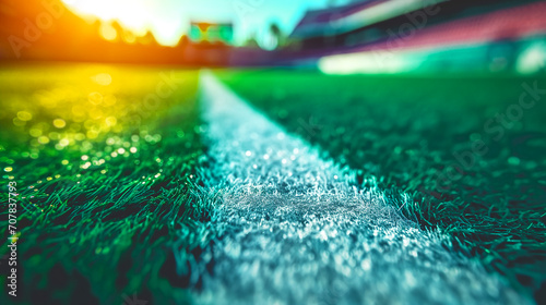close-up of artificial green grass on a sports field with white line markings. The sun is setting, creating a bokeh effect 