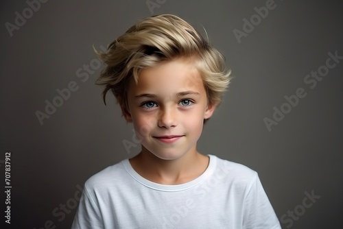 Portrait of a cute little boy with blond hair, studio shot