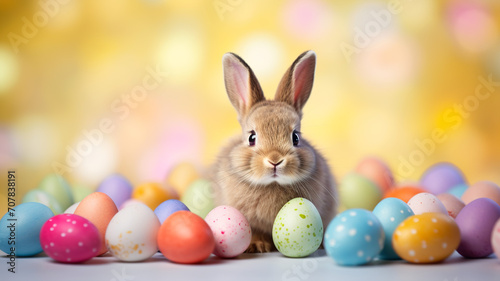 Cute easter bunny with easter eggs and flowers and copy space. Generative AI