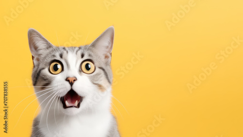 Closeup of shocked cat on yellow background with copy space © Kedek Creative
