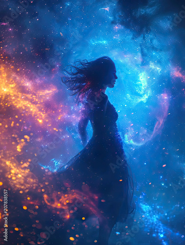 Mujer en el espacio cantando dentro de una nebulosa, espacio, estrellas, fuego, iluminación cinematográfica.