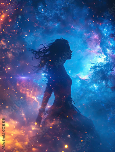 Mujer en el espacio cantando dentro de una nebulosa, espacio, estrellas, fuego, iluminación cinematográfica.
