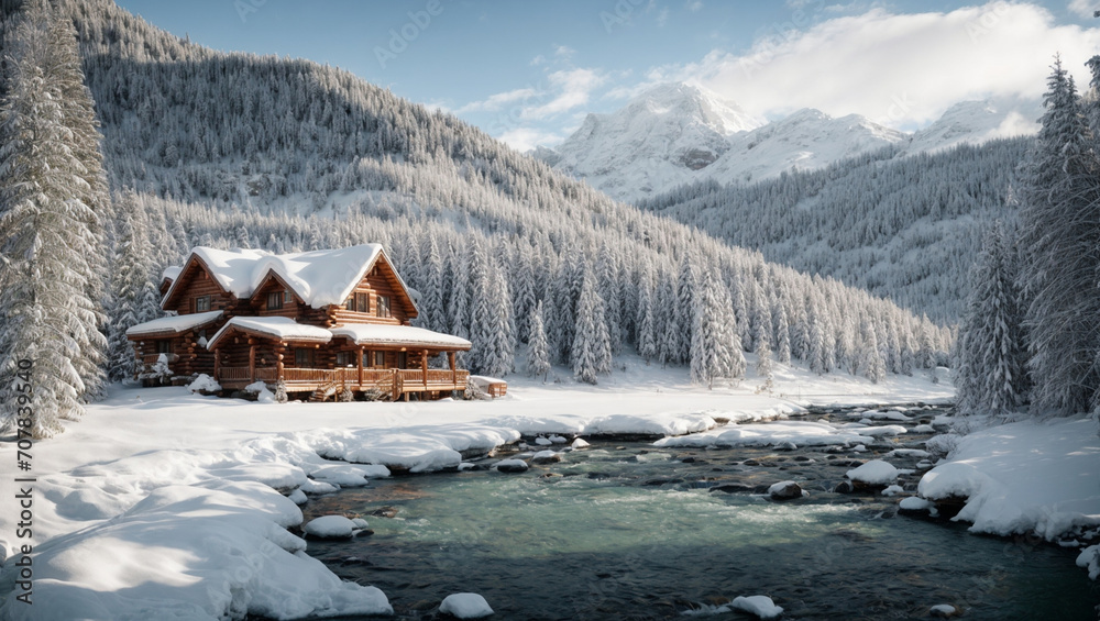 A cozy mountain retreat with a charming log cabin surrounded by a winter wonderland. generative AI