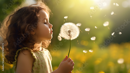 Child blowing dandeline in a meadow full of spring flowers and grass. Concept of happiness, freedom and relaxation.
