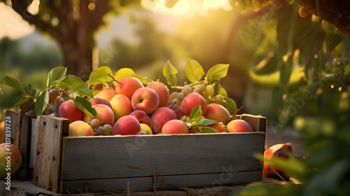 Various kinds of fruits harvested in a wooden box in an orchard with sunset. Natural organic fruit abundance. Agriculture  healthy and natural food concept. Horizontal composition.