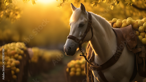 Pack horse carrying apples in an orchard with sunset. Concept of food transportation, logistics and cargo.