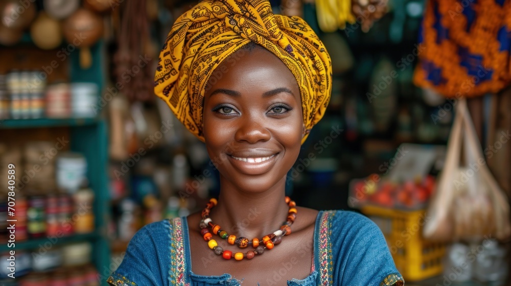 Portrait of smiling african woman in traditional clothes at market.