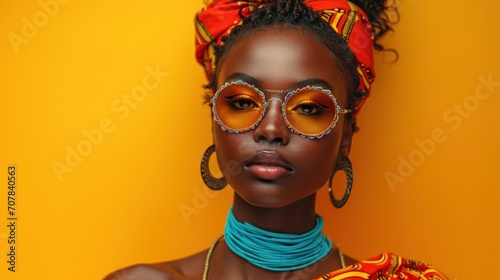 Beautiful african american woman with bright make up and sunglasses