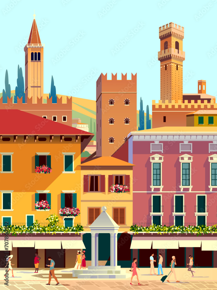 Italian little old town with old historic buildings in the first plan and castles and churches in the background. Handmade drawing vector illustration.