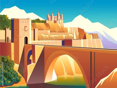 Watchtower and bridge across the river on the road to the fortress. Handmade drawing vector illustration. Flat design.