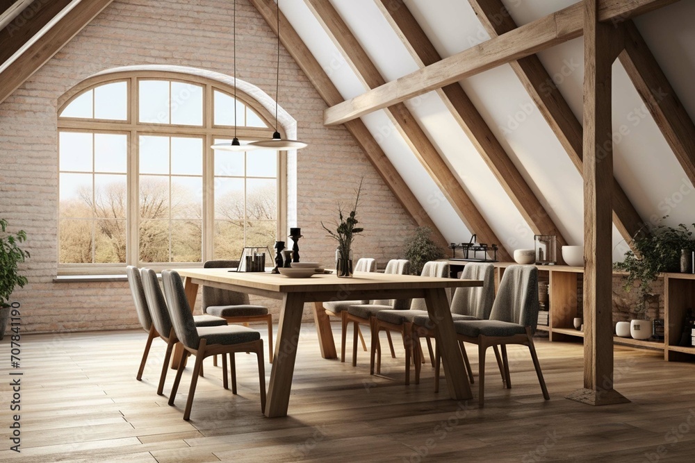 Dining table and chairs in attic with wood beams
