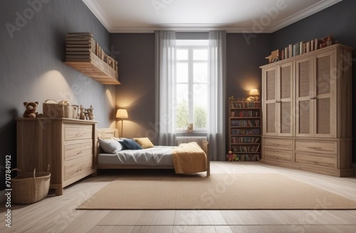 Interior of a children's room, toys in baskets, bed, wardrobe, shelves for books, soft carpet