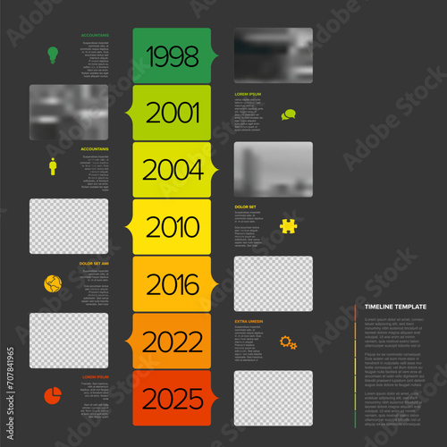 Simple dark vertical timeline process infographic with green red year and photo placeholders