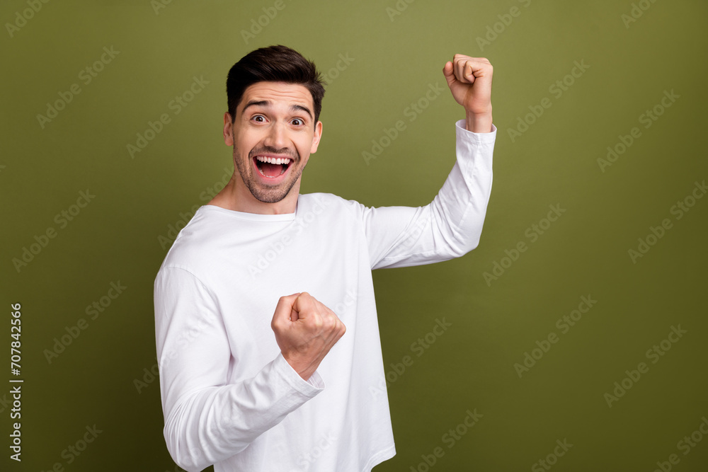 Φωτογραφία Profile photo of overjoyed cheerful person raise fists shout yes hooray empty sp