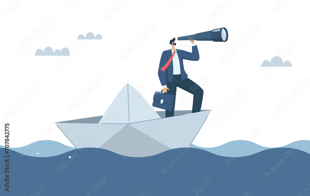Business leaders search for investment opportunities, Vision to look forward amidst obstacles, Predicting or discovering new ideas, Businessman with binoculars on paper boat in the sea. - obrazy, fototapety, plakaty 