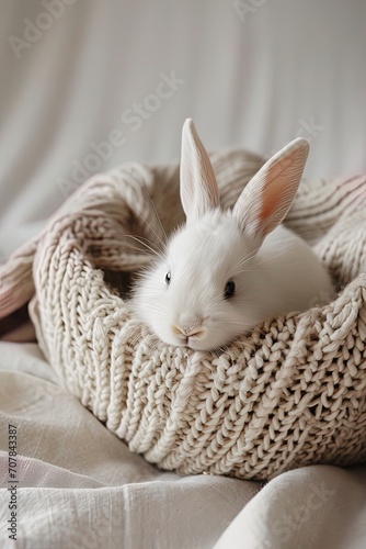 White rabbit peeking out from wicker basket, embodiment of curiosity, ideal for Easter or pet-related content,