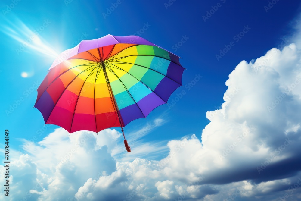 rainbow umbrella and clouds in blue sky on sunny day. Weather banner.