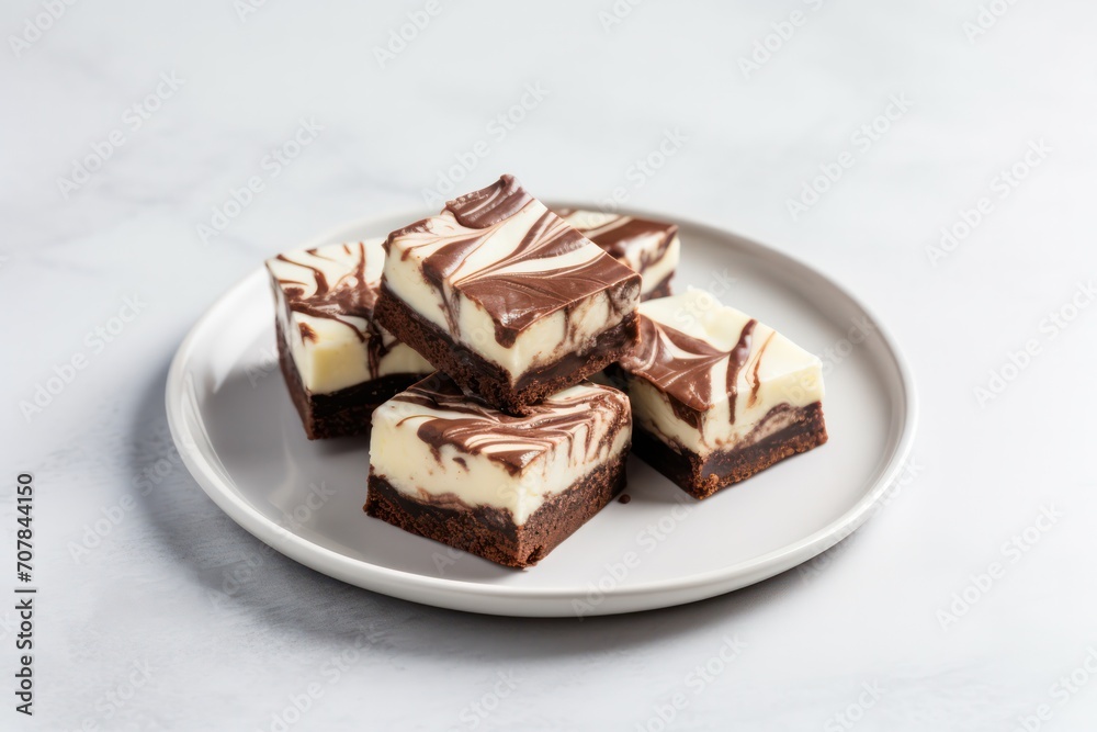 cream cheese brownie pieces or slices on white plate closeup at minimal kitchen cream cheese brownie pieces or slices on white plate closeup at minimal kitchen