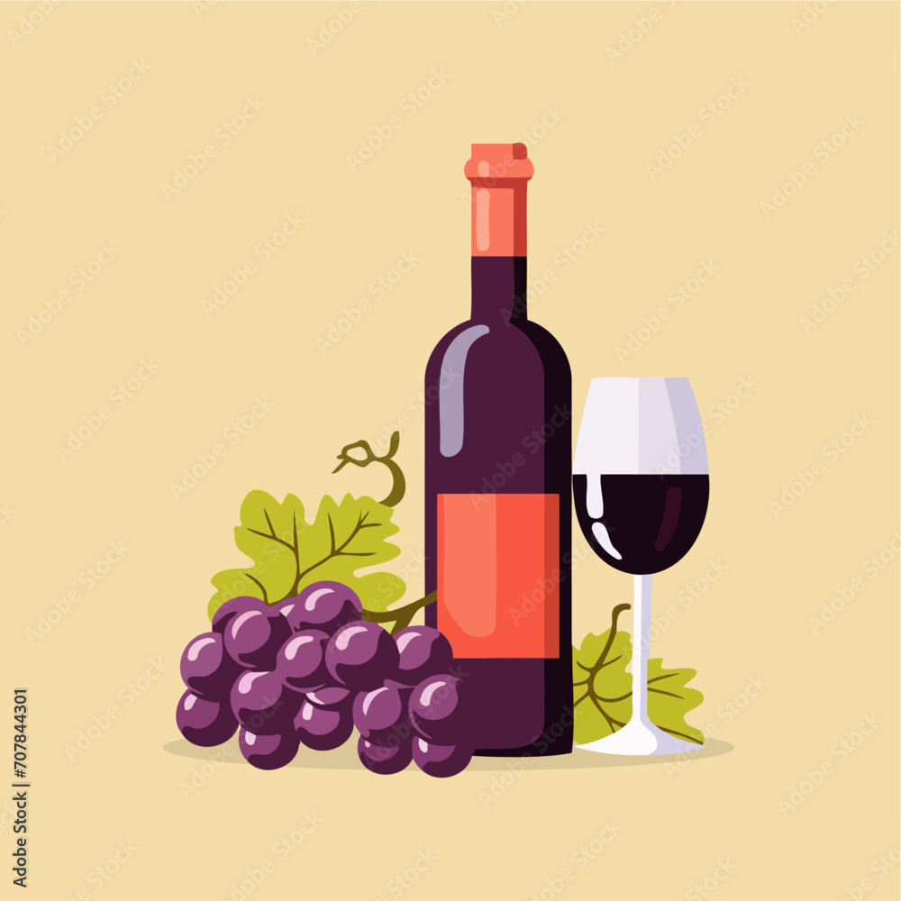 Obraz premium Red Wine Bottle Glasses and Grapes Vector