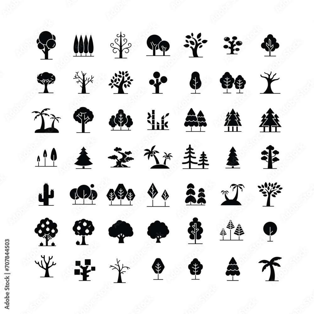 Tree icon set. Simple solid style. Forest, park and garden trees, nature concept. Black silhouette, glyph symbol. Vector illustration isolated.