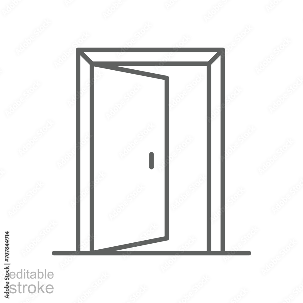 Opened door icon. Simple outline style. Door, open, enter, exit, entrance, house, home interior concept. Thin line symbol. Vector illustration isolated. Editable stroke. Opened door icon. Simple outline style. Door, open, enter, exit, entrance, house, home interior concept. Thin line symbol. Vector illustration isolated. Editable stroke.