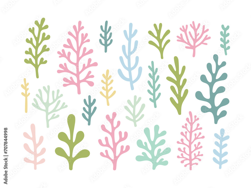 A collection of vector seaweeds in bright colors, ideal for textile decoration.