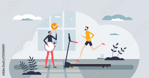 Personal trainer for sport activities for better results tiny person concept. Professional coach assistance for effective training process regarding to plan vector illustration. Body rehab exercise.