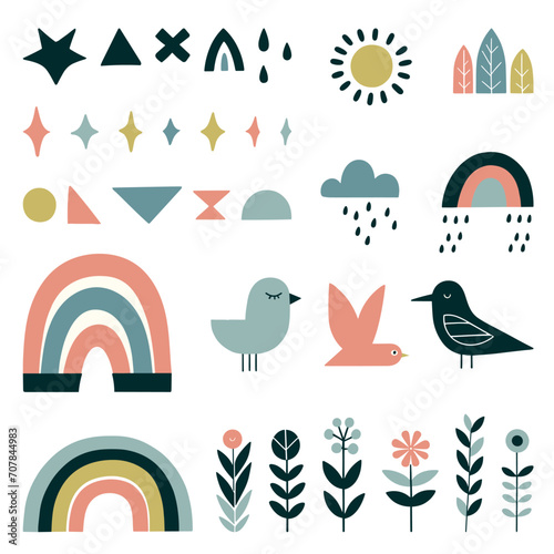A stylized vector illustration with cheerful motifs, birds and roses in soft colors for decoration and design.