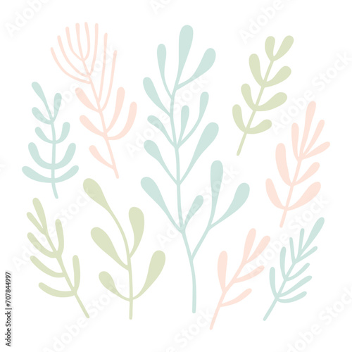 Colorful vector seaweed in pastel colors on a white background, ideal for spring design.