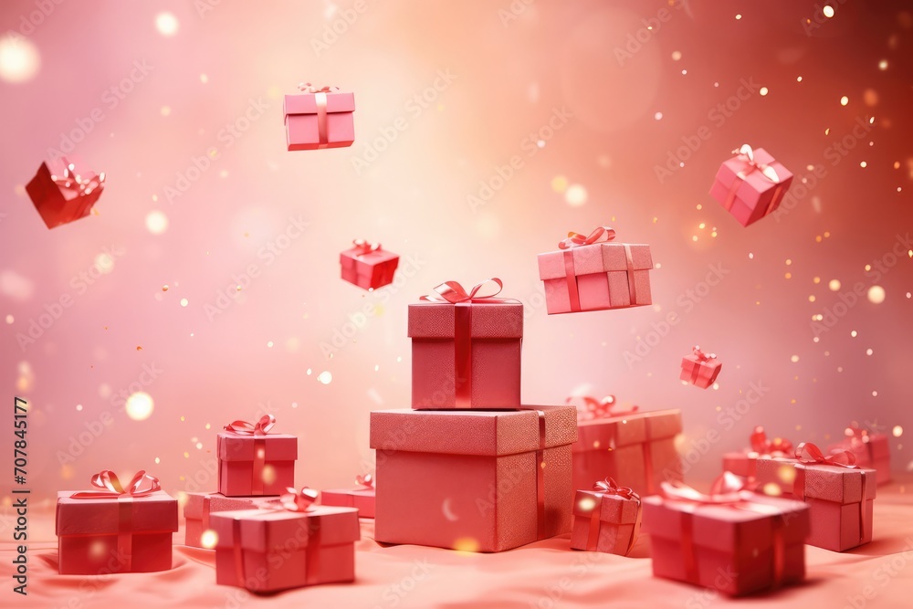 Many red gift boxes with a bow on festive glittering bokeh dark pink background