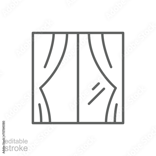 Window curtains icon. Simple outline style. Window frame with curtains, construction, room, house, home interior concept. Thin line symbol. Vector illustration isolated. Editable stroke.