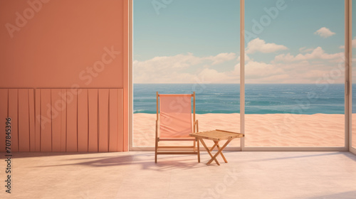 Peach Fuzz color minimalist house interior with ocean view