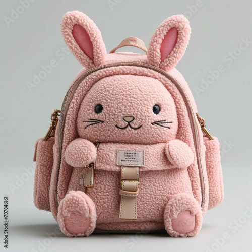 Cute Bunny Sachel Bag, Pink Color Backpack. Cozy Companion. Knitted Bunny Backpack Object For Girl Or Woman photo