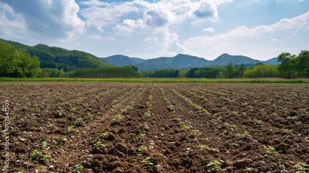 terraces filled, lush with bright green and healthy rice seedlings. Field with rows of plants surrounded trees and mountains.