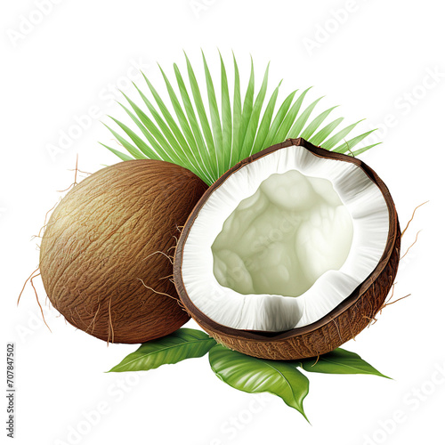 split coconut illustration with green leaves photo