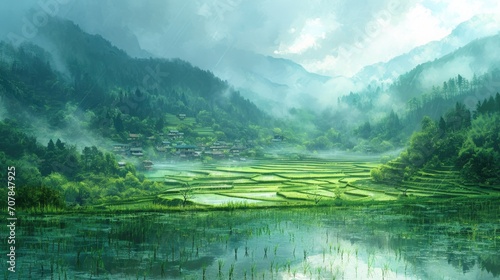 Rice paddy green and lush growing in shallow water, and surrounded mountains tall and rugged. Drawn style.