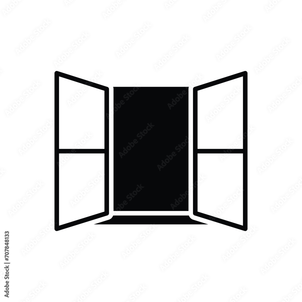 Opened window icon. Simple solid style. Open window, frame, room, house, home interior concept. Silhouette, glyph symbol. Vector illustration isolated. Opened window icon. Simple solid style. Open window, frame, room, house, home interior concept. Silhouette, glyph symbol. Vector illustration isolated.