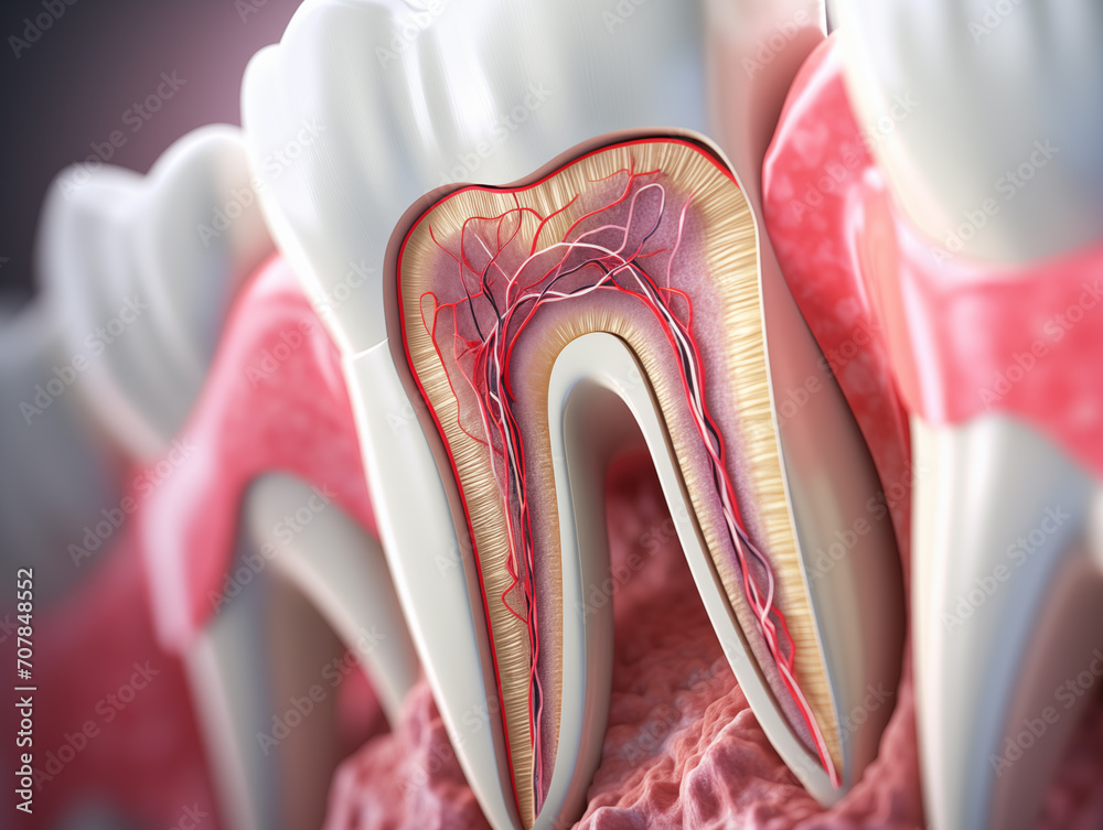 Obraz na plátně Teeth in gums with tooth anatomy detailed view. Generative AI.