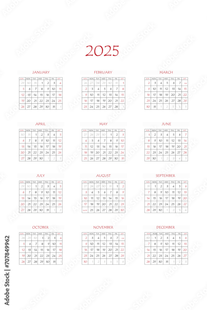 2025 calendar planner. Corporate week. Template layout, 12 months yearly, white background. Simple design for business brochure, flyer, print media, advertisement. Week starts from Monday 2025 calendar planner. Corporate week. Template layout, 12 months yearly, white background. Simple design for business brochure, flyer, print media, advertisement. Week starts from Monday