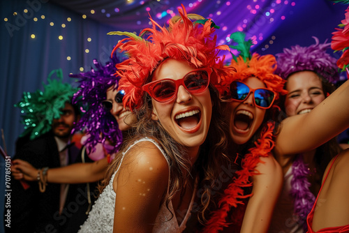 Selfie of happy moments in the photo booth. Group of diverse friends together sharing laughter and positive energy taking a snapshot of the moment. Effervescent glitter with shine and festive essence.