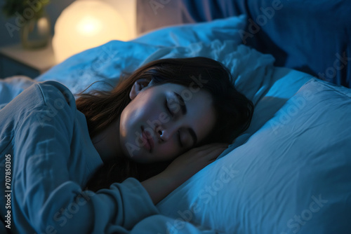 Woman asleep in bed with her head resting on a pillow, the room is dimly lit with soft blue tones, a peaceful night's atmosphere conducive to rest. photo