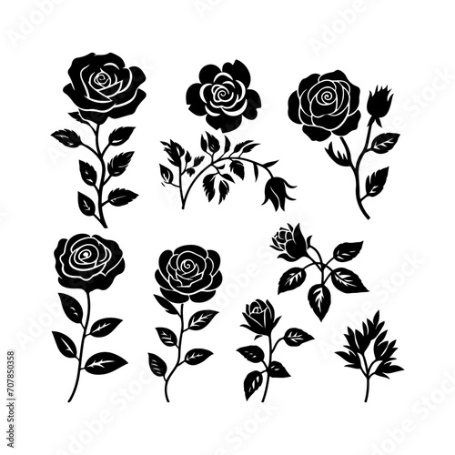 Rose silhouette set. Decorative icon of rose flower. Flower vector illustration and logo style.
