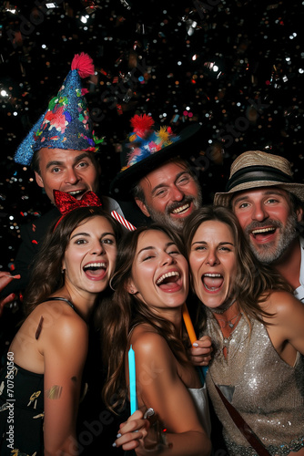Selfie of happy moments in the photo booth. Group of diverse friends together sharing laughter and positive energy taking a snapshot of the moment. Effervescent glitter with shine and festive essence.