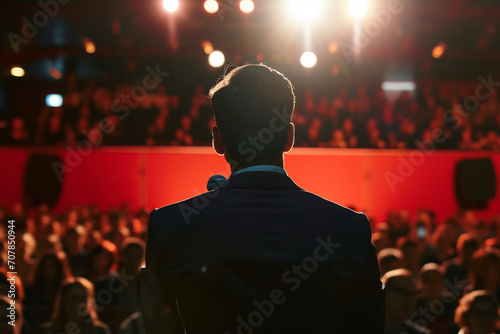 Back view of a man standing on a stage and facing an audience, with stage lights above and the crowd in the foreground blurred, speaker at a conference or a performer at an event.