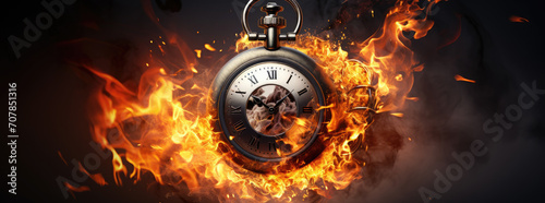 Vintage pocket watch engulfed in flames against a dark background, symbolizing urgency, time pressure, or deadline concept.