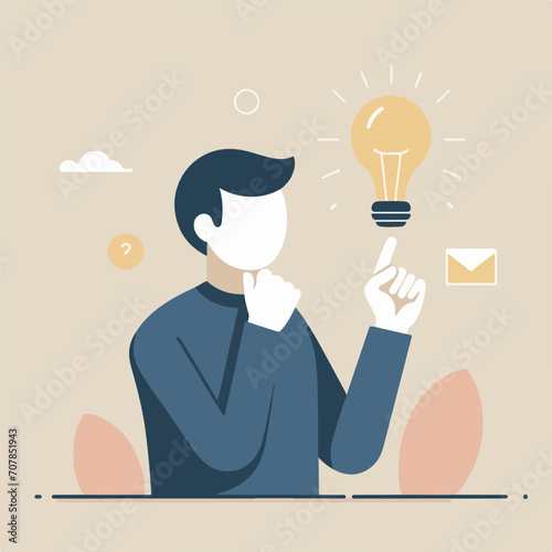 Minimalist Illustration of People with Brilliant Ideas. Thinking Person with Lighted Bulb. Symbol of Creativity and Innovation