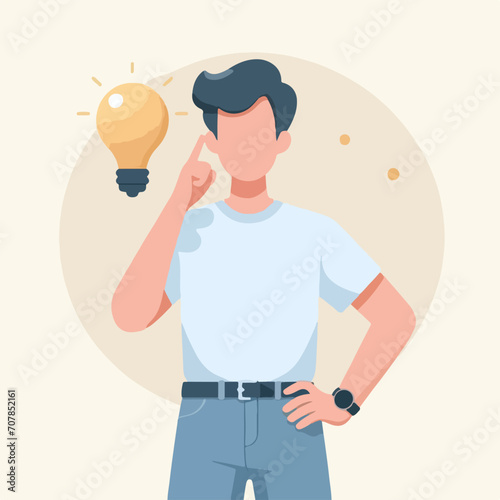 Minimalist Illustration of People with Brilliant Ideas. Thinking Person with Lighted Bulb. Symbol of Creativity and Innovation