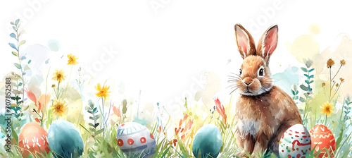 banner of watercolour illustration of bunny and easter eggs  photo