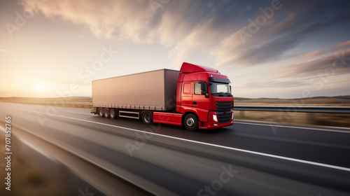Red semi-truck with a large trailer in motion on a highway, captured with a sense of speed, with the background blurred to emphasize movement, during a beautiful sunset or sunrise.